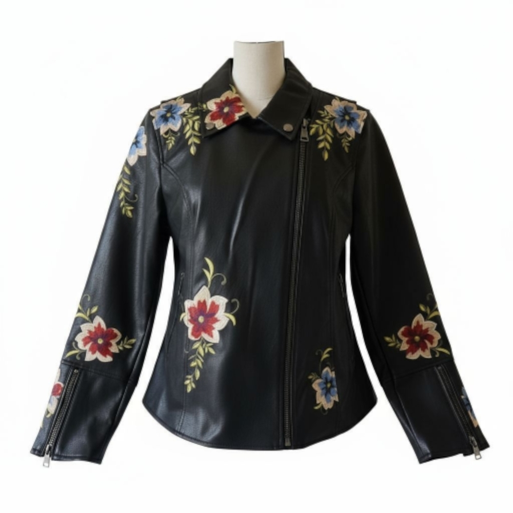 New Dennis Basso Madison Ave Black Faux Leather Moto Jacket XL Floral Embroider